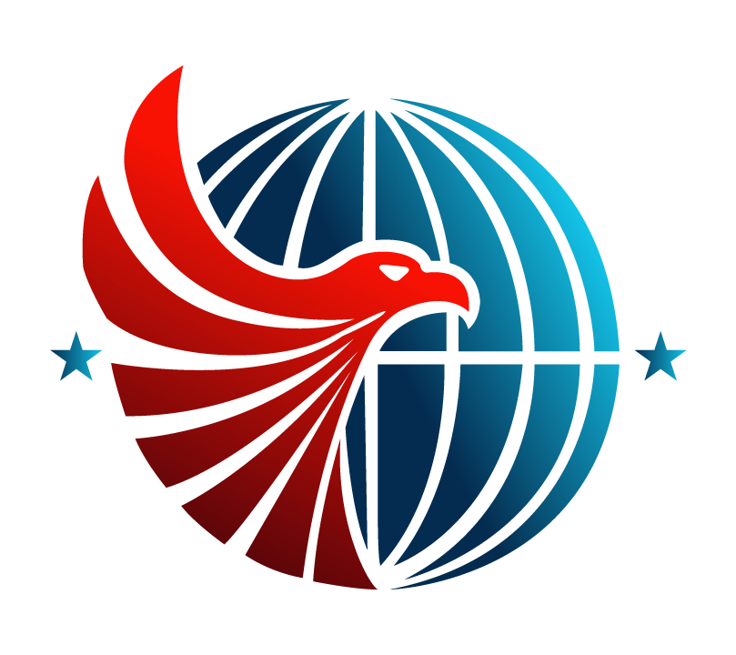 Stylized globe with a red eagle wrapping around it, symbolizing international strength or global focus.