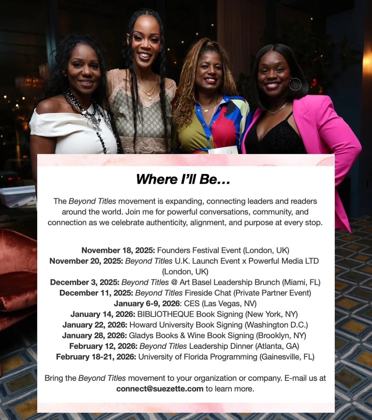 Leaders everywhere are asking for something deeper, and Beyond Titles is answering that call. 💗

The New Year, More YOU Tour is creating rooms where clarity, authenticity, and aligned leadership take center stage. These gatherings include leadership