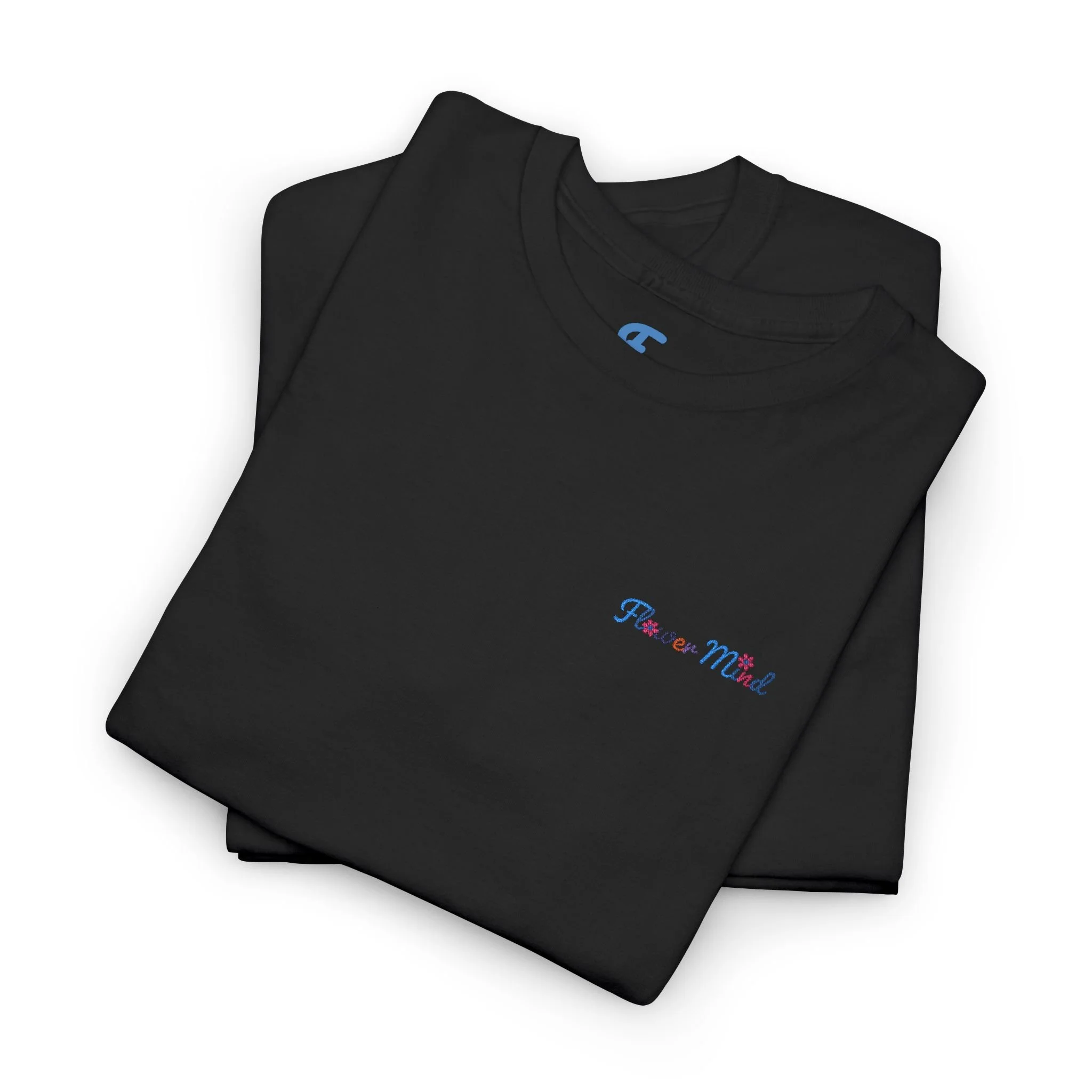 Black t-shirt with embroidered text 'Frozen Mind' in colorful cursive on the front.