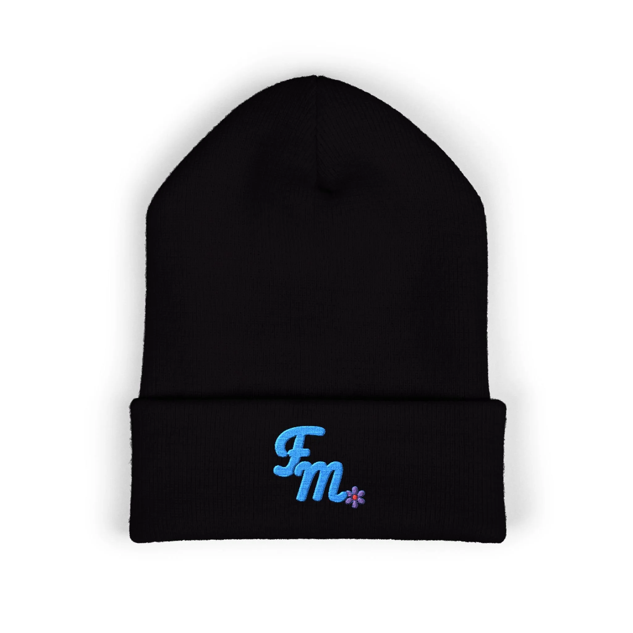 Black beanie hat with blue embroidered 'F' and 'M' letters and small purple flower