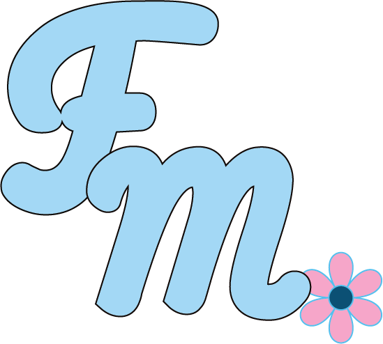 Light blue stylized letters 'F' and 'M' with a pink and blue flower at the bottom right.