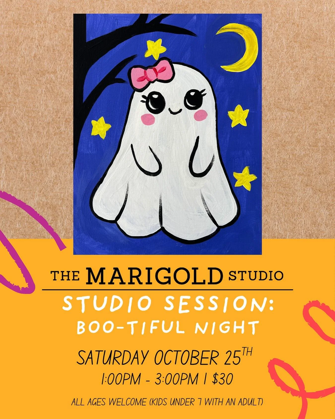 Hey friends! 👋
We&rsquo;re so excited to launch our very first Studio Session &mdash; The Marigold Studio Workshop Series! 💛

Join us Saturday, October 25th from 1&ndash;3 PM for Boo-tiful Night 👻 &mdash; a not-so-spooky ghost painting that&rsquo;