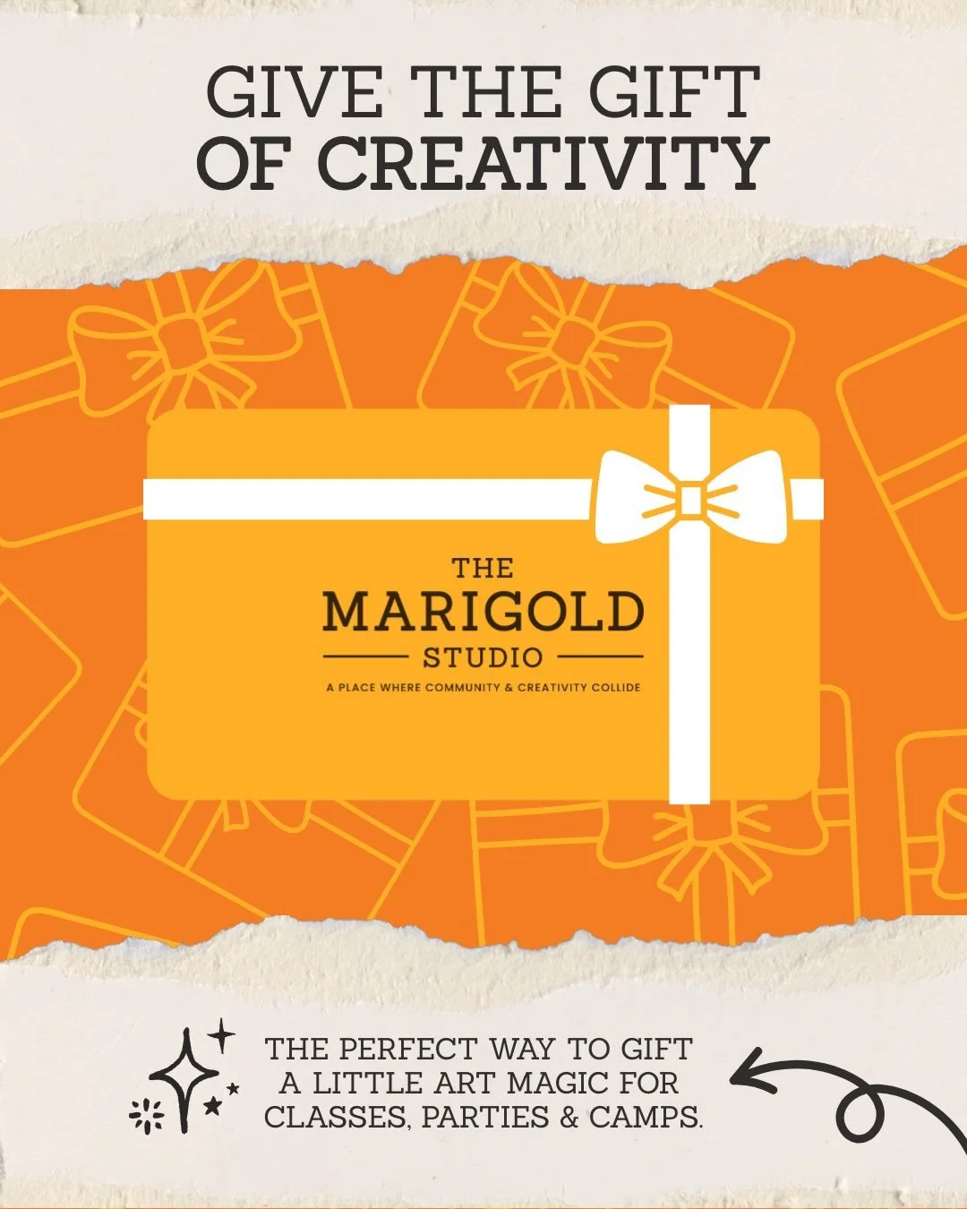 ✨ Give the gift of creativity! The Marigold Studio gift cards are now available &mdash; perfect for classes, camps, parties, and all things artsy. 💛 We&rsquo;ve highlighted a few suggested amounts if you&rsquo;d like a quick pick, but you can always