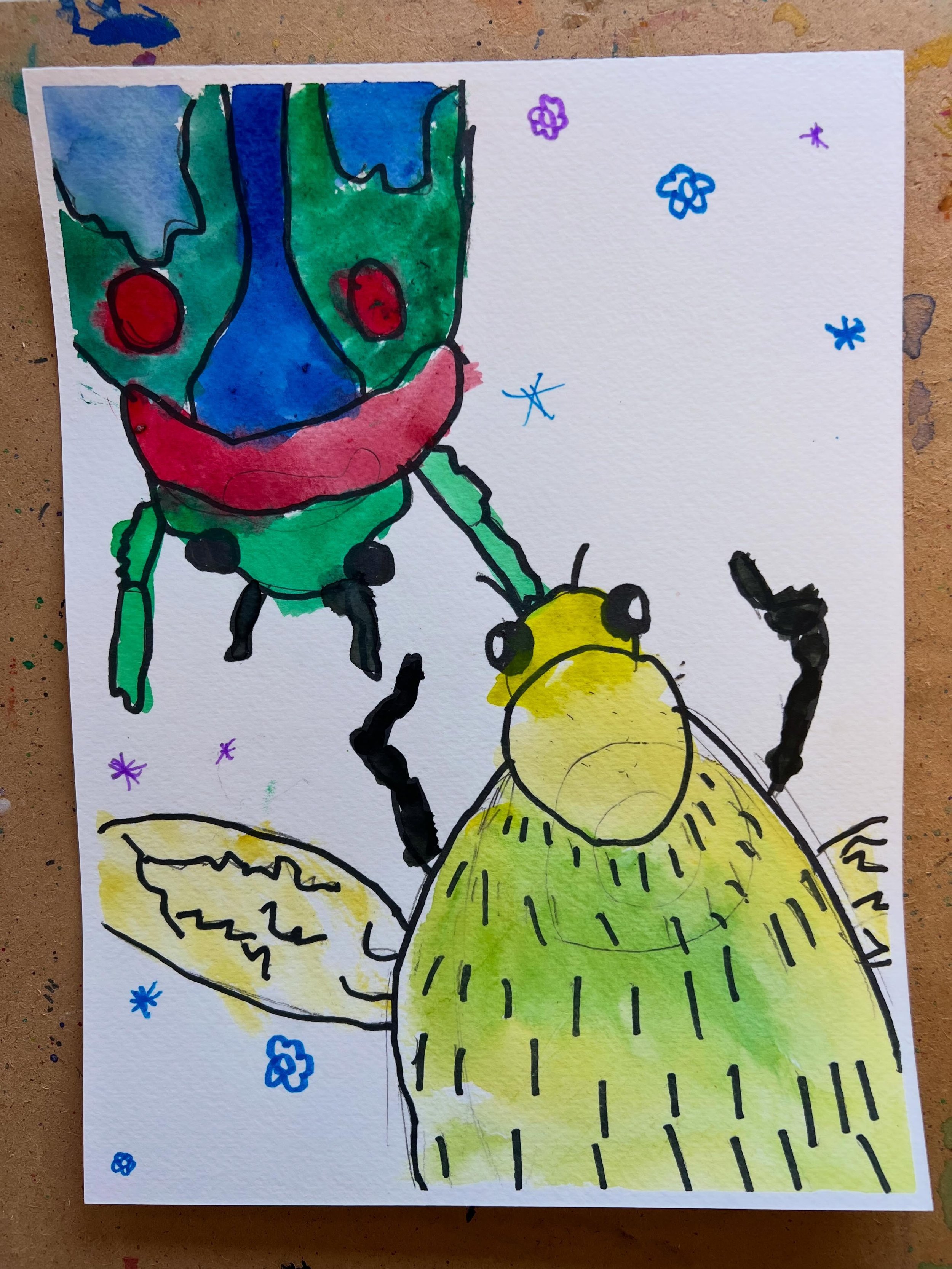A tiny bug invasion&hellip; but make it adorable 🐝🐞✨ Our guided step-by-step beetle + bumblebee drawings finished with cheerful watercolor washes. 
Happy spring, artists!

#themarigoldstudio #marigoldmakers #newalbany #newalbanyohio #afterschoolart