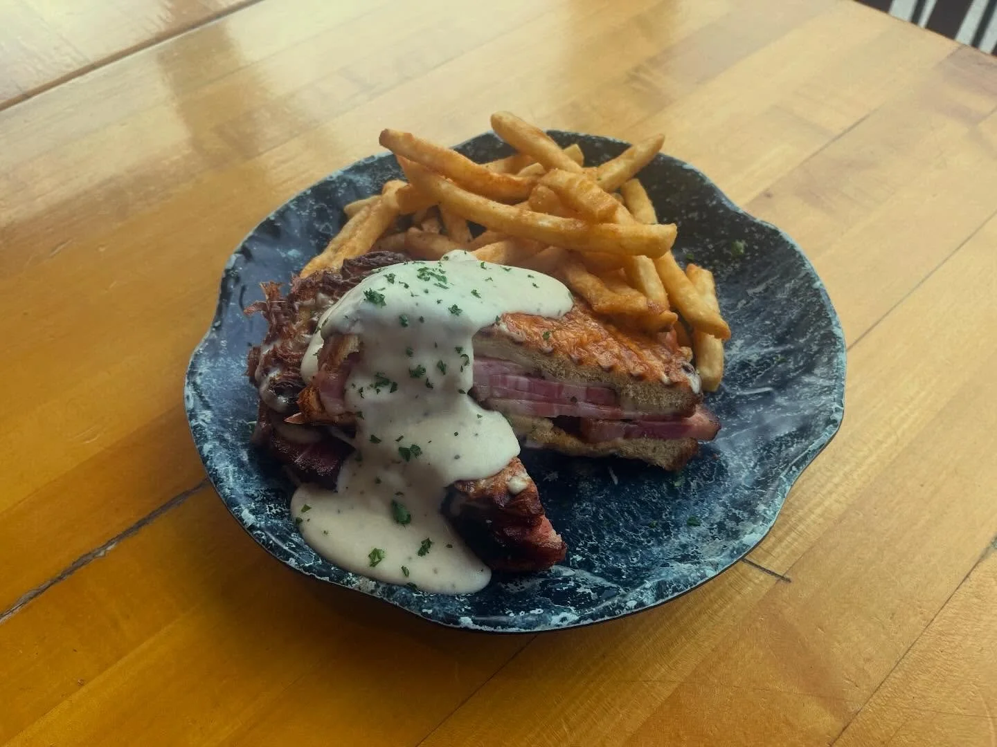 This Croque Monsieur is made with a lot of love. For the Ham we did a 12 day cure, 12 hour smoke sesh, and finished with a hot honey miso glaze! 😋 This sandwich checks the comfort food box for me. 
Come get it while it lasts #tbt