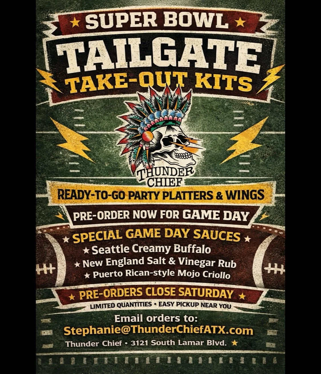 Super Bowl Tailgate Take-Out Kits are available for pre-order for game day! Limited quantities are available, so be sure to order yours soon.

And of course, we had to have some fun with the special game day wing sauces&mdash;one for each team and on