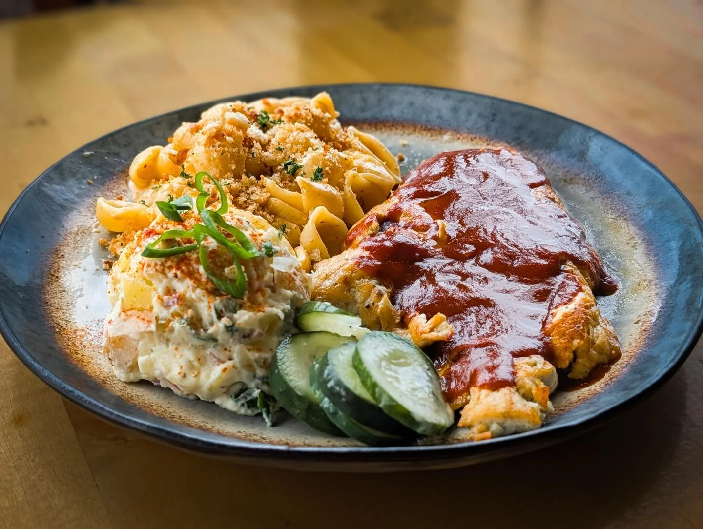 Winner winner bbq chicken dinner! TBT special of the day is a full on home-made meal just like mom used to make. Grilled Chicken, Super Secret Ma&rsquo;s Bbq sauce, Tater Salad, Bacon Mac and cheese. Swing on through for home cooked meal and some bas