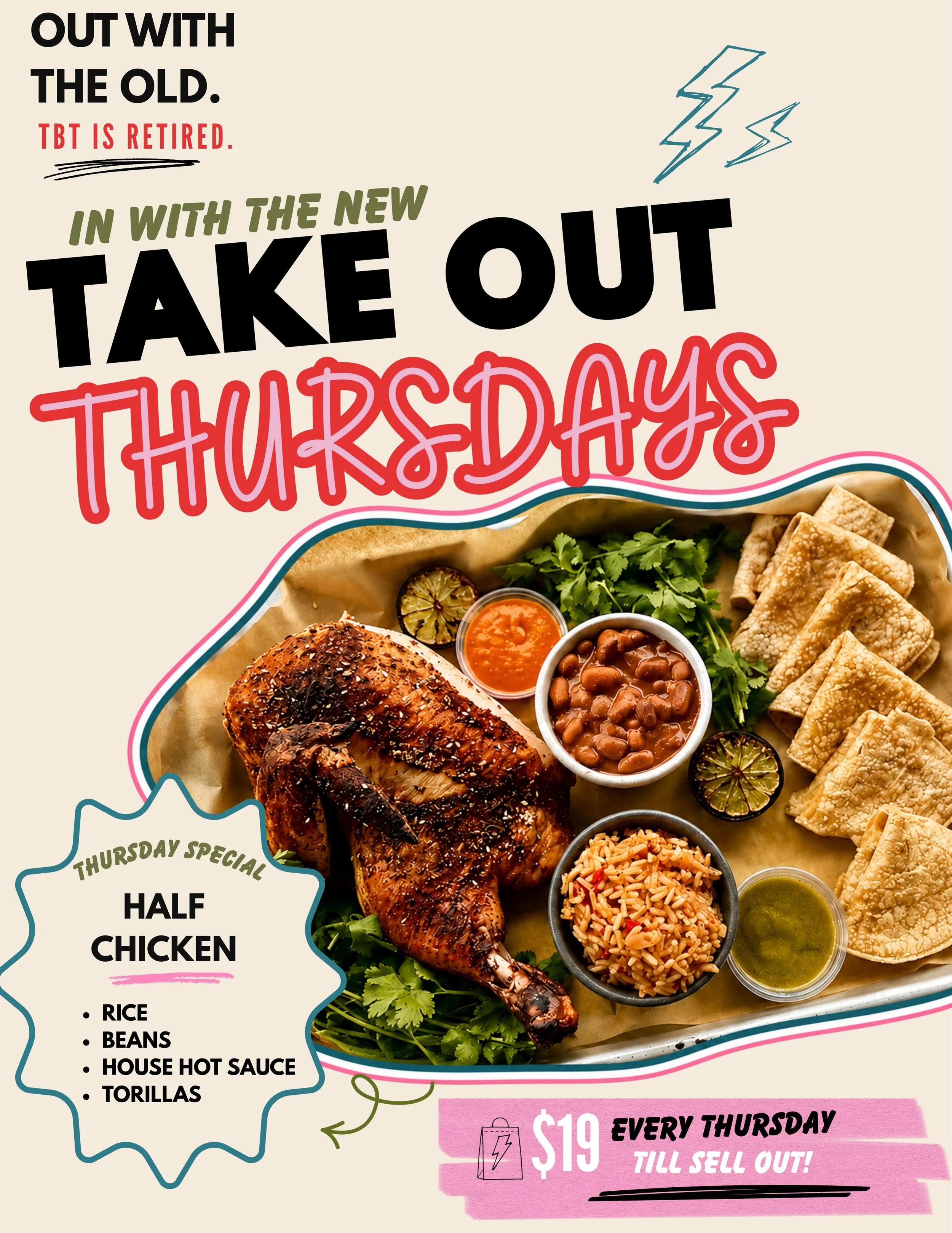 Out with the old, in with the new 🫶

We&rsquo;re definitely a little sad to see Throwback Thursday go&hellip; but we&rsquo;re really excited about what&rsquo;s taking its place!

Starting TODAY!
TAKE OUT THURSDAYS 🍻

Half Chicken
Rice &bull; Beans 