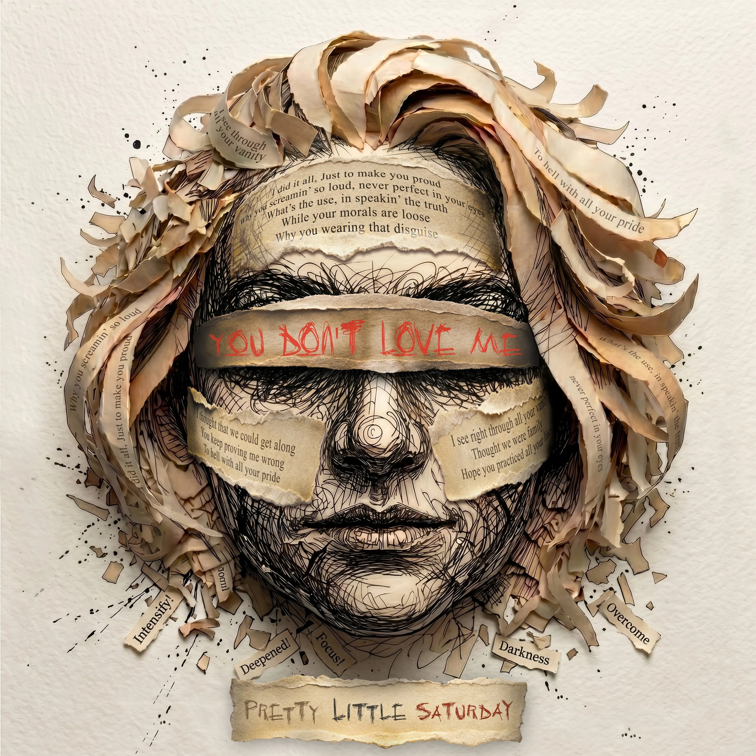 A mixed-media collage artwork featuring torn paper, ink sketches, and handwritten text, resembling a stylized portrait of a person with text on their face. Prominent text includes 'PRETTY LITTLE SATURDAY' and phrases like 'Why you screamin' so loud, never perfect in your eyes'.