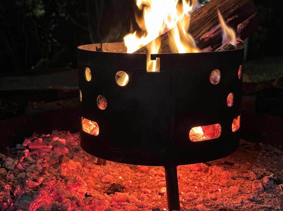 A portable metal fire pit with cut-out holes, with a fire burning inside, placed on ash-covered ground outdoors.
