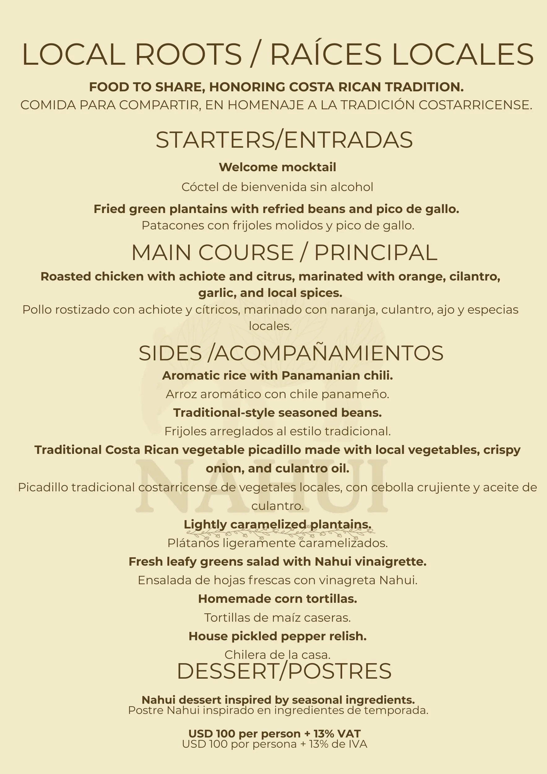 Sample menu with sections for starters, main courses, sides, salads, tortillas, and desserts, with descriptions in English and Spanish, including specific dishes like fried green plantains, roasted chicken, and Nahui dessert, and pricing information.