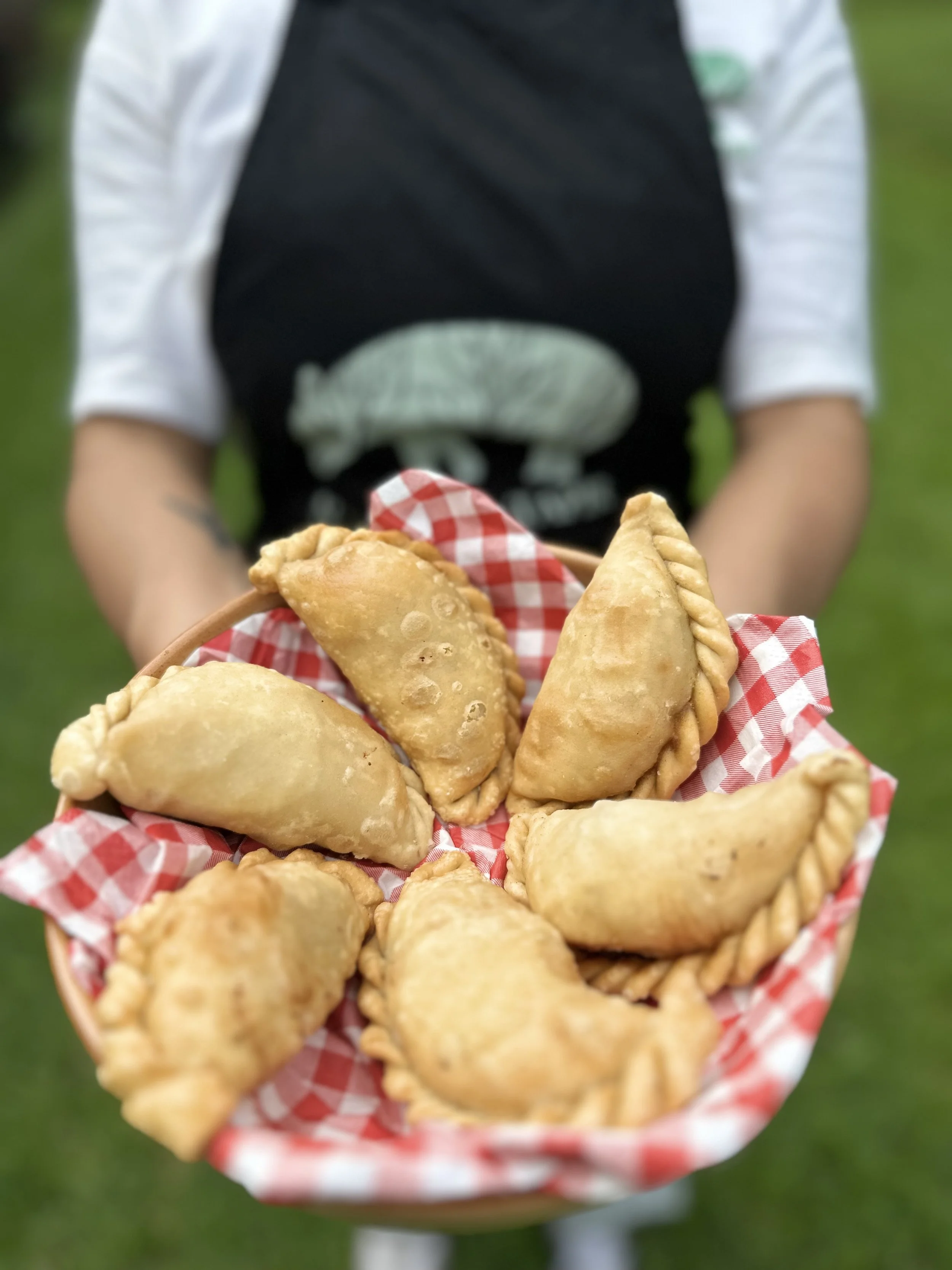 Person holding a basket of fried empanadas lined with red and white checkered paper, with a grassy background.