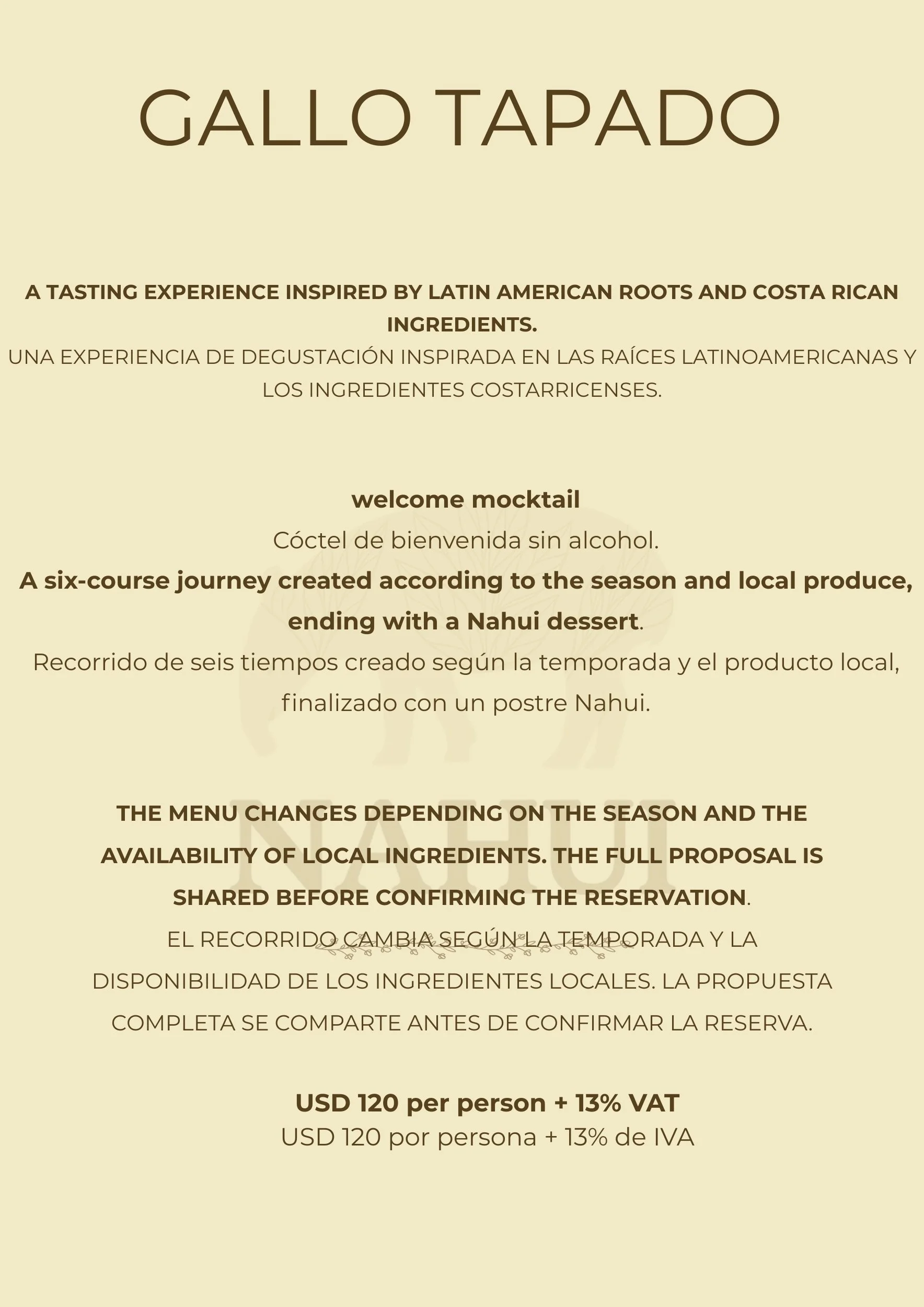 Menu for a Latin American inspired tasting experience called Gallotapado, featuring a six-course journey with local ingredients and a Nahui dessert, priced at USD 120 per person plus tax.