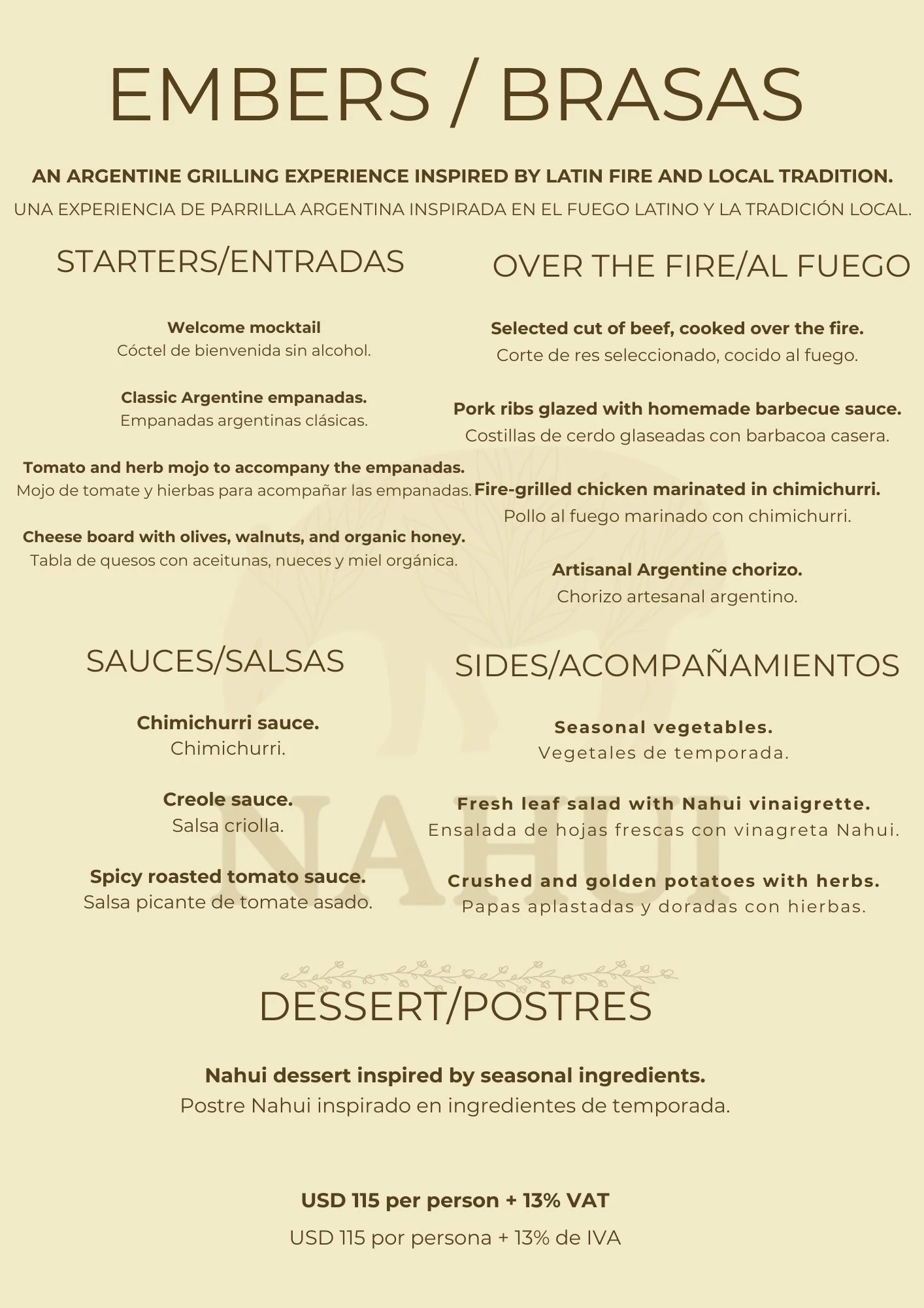 Menu of Argentine grilling experience with sections for starters, sauces, sides, and desserts, written in English and Spanish.