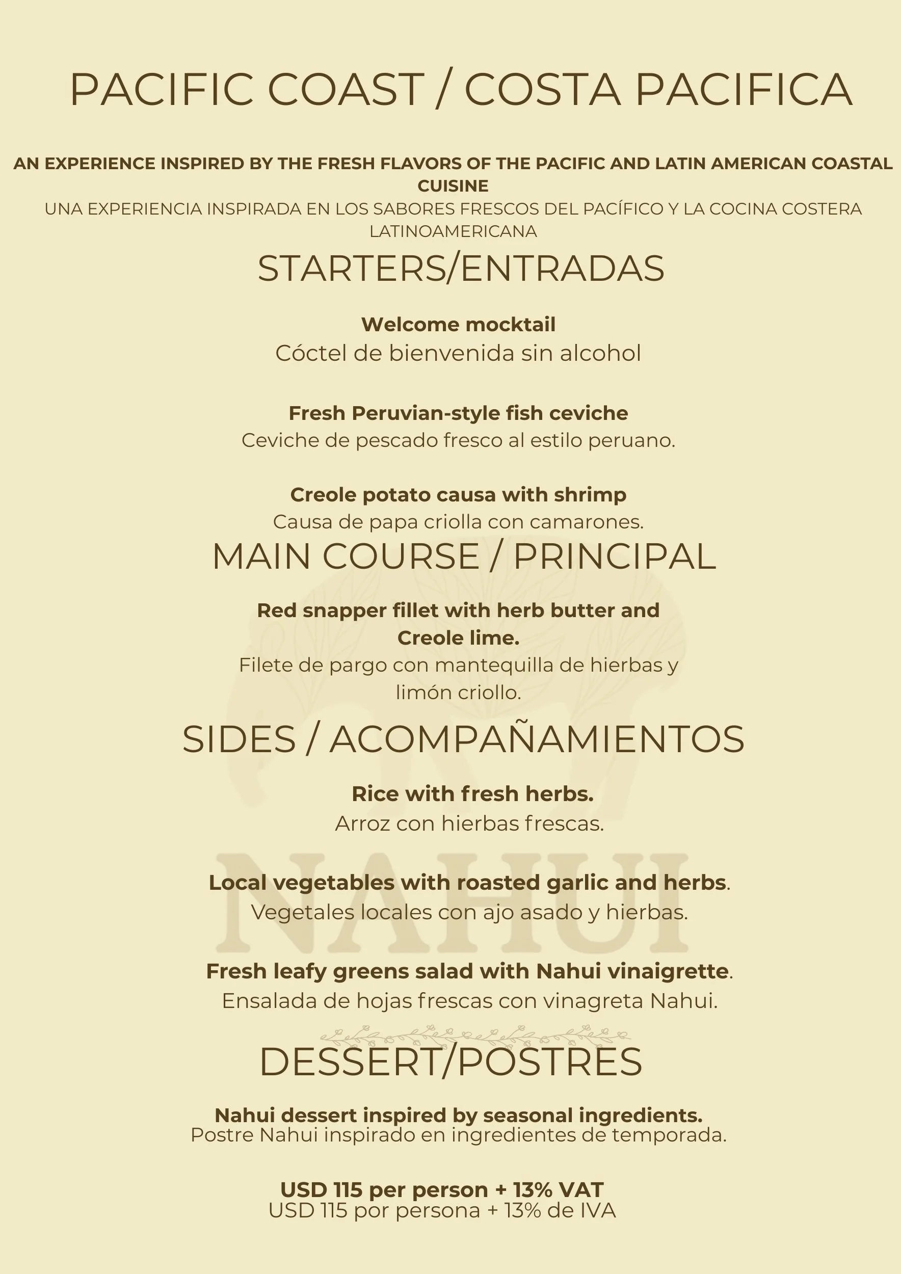 Menu featuring Pacific Coast cuisine with items like fish ceviche, creole potato with shrimp, rice with herbs, local vegetables with garlic, leafy greens salad with Nahui vinaigrette, and seasonally inspired dessert, with prices of $115 per person plus tax.