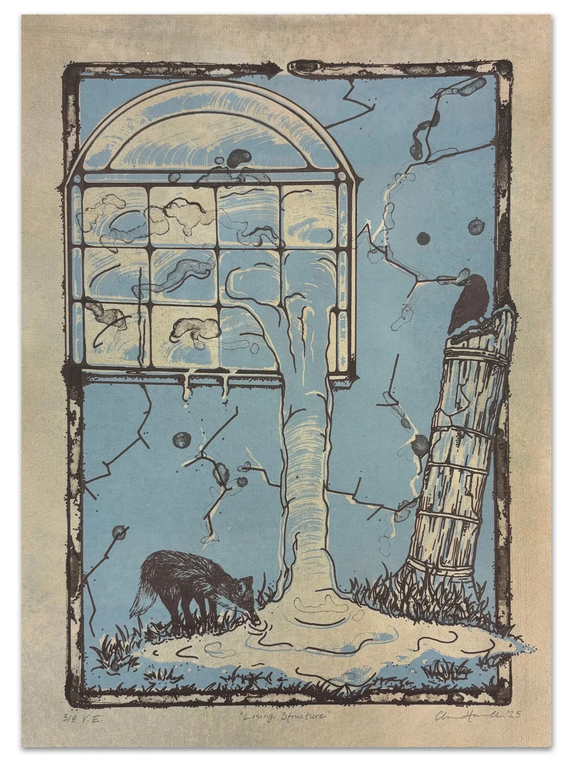 Losing Structure | 2025 | stone, ball-grained aluminum plate and photo-lithography on toned cyanotype paper | 11 x 14 in. | variable edition of 8