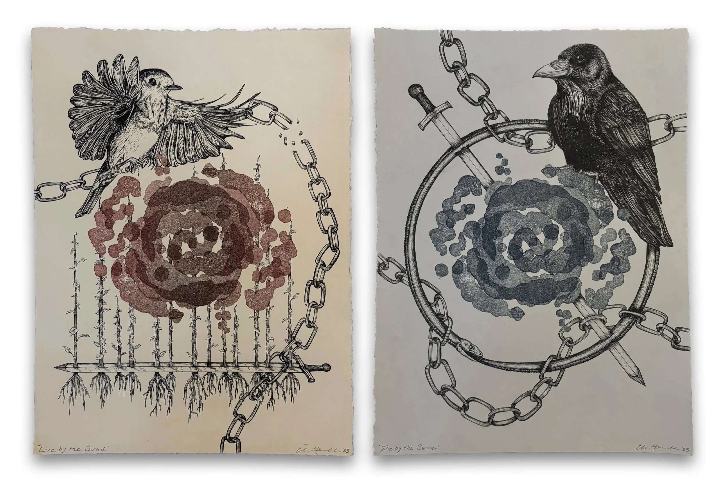 Live by the Sword, Die by the Sword (diptych) | 2025 | lithography and ink on paper | 11 x 14 in. (each sheet)