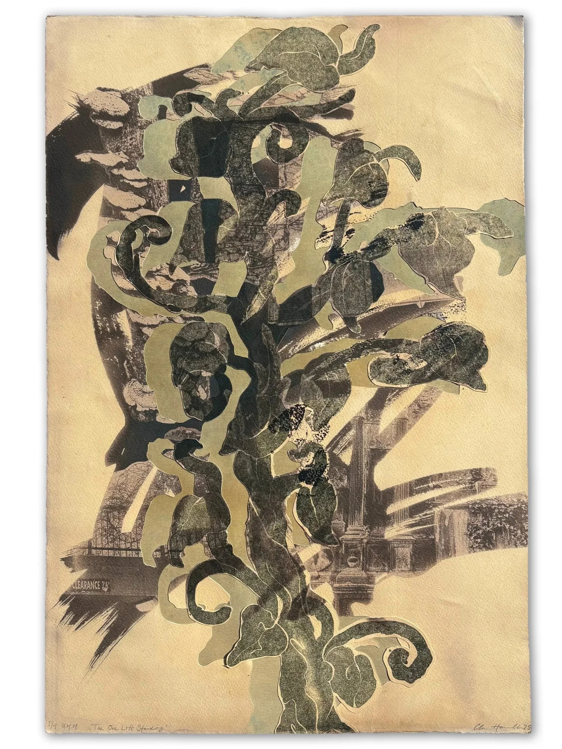 The One Last Standing | 2025 | collaged lithograph and toned cyanotype | 15 x 22 in.