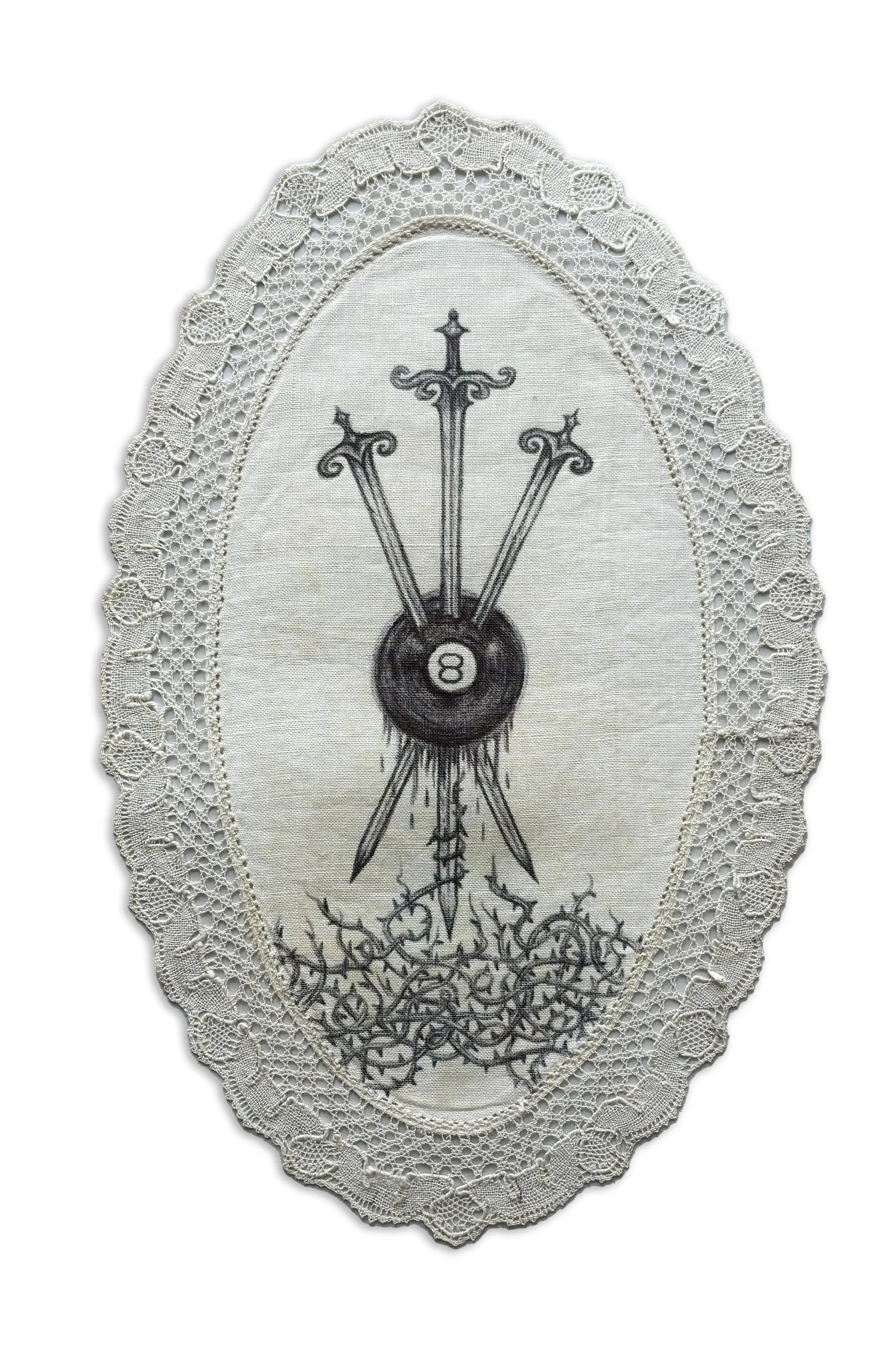 Call it Fate, Call it Karma | 2026 | ballpoint pen on vintage doily