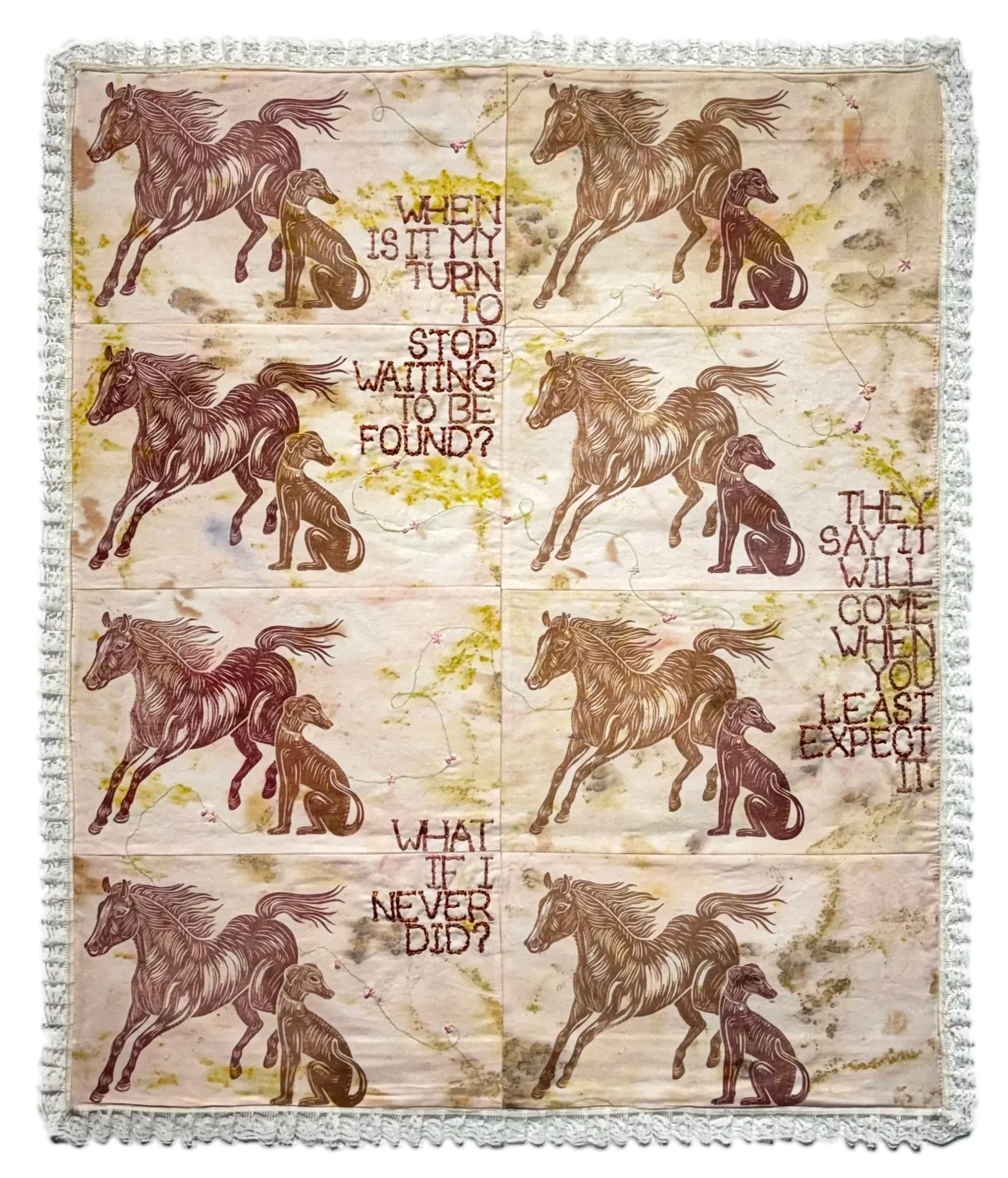 The Tension Between Await and Pursuit | 2026 | relief print, embroidery, lace, and eco-print on cotton textile