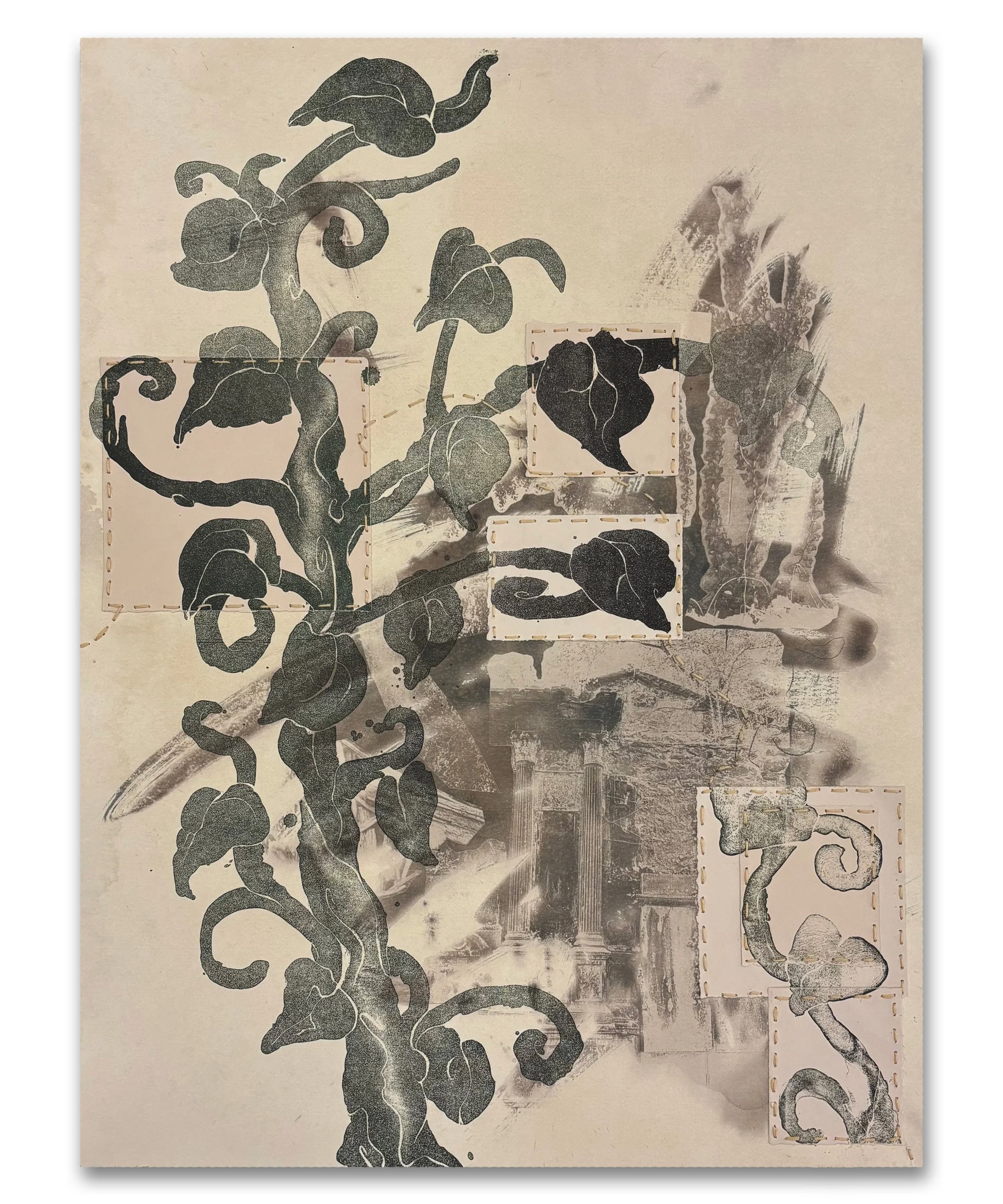 The Last one Standing | lithography and embroidery on toned cyanotype | 18 x 22 in.