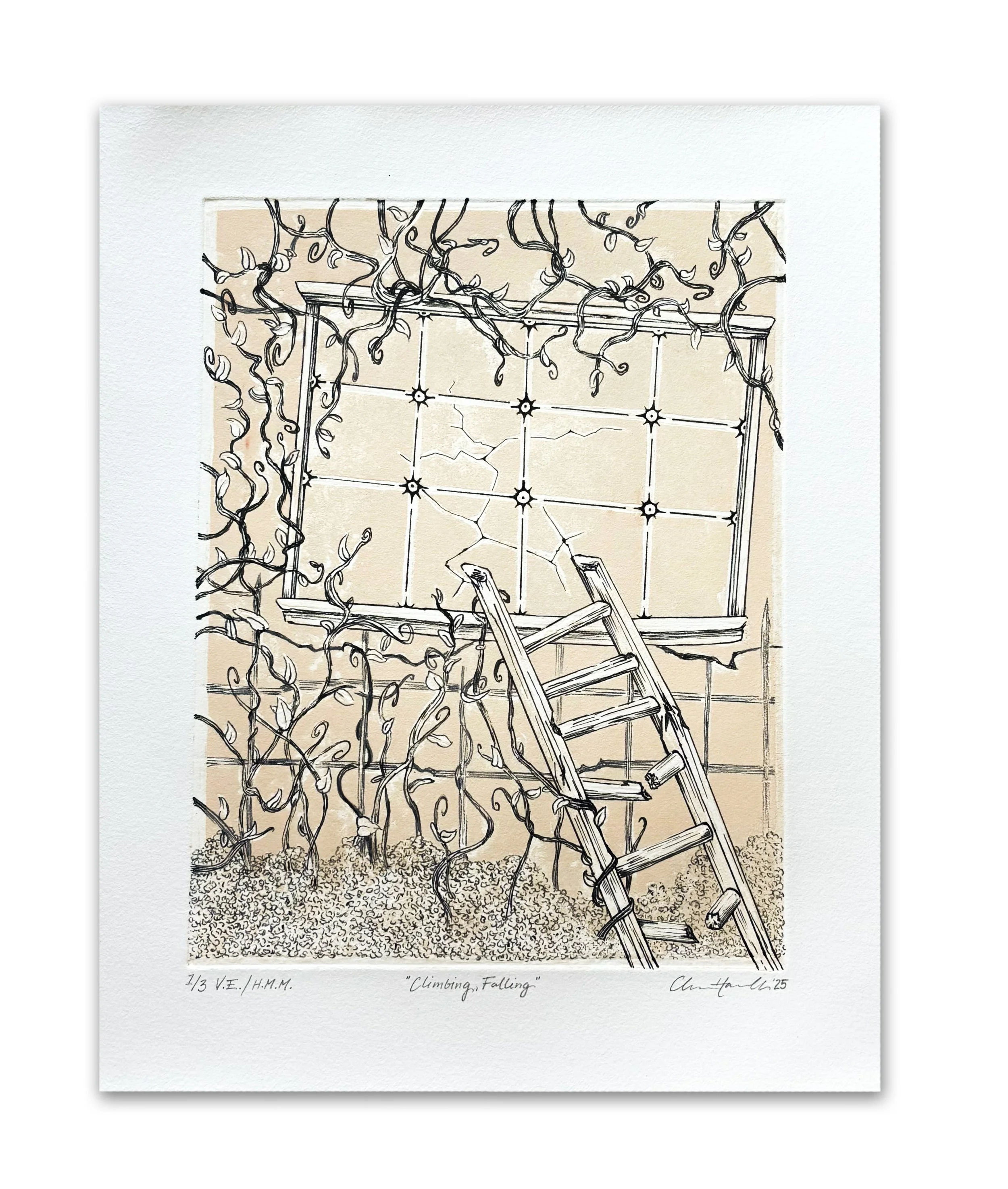 Climbing, Falling | 2025 | silk aquatint (collograph) and ink on paper 