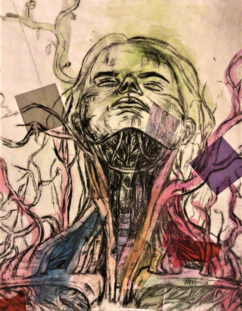 One With Nature, Dry Point and Watercolor, 12"x 15", 2020