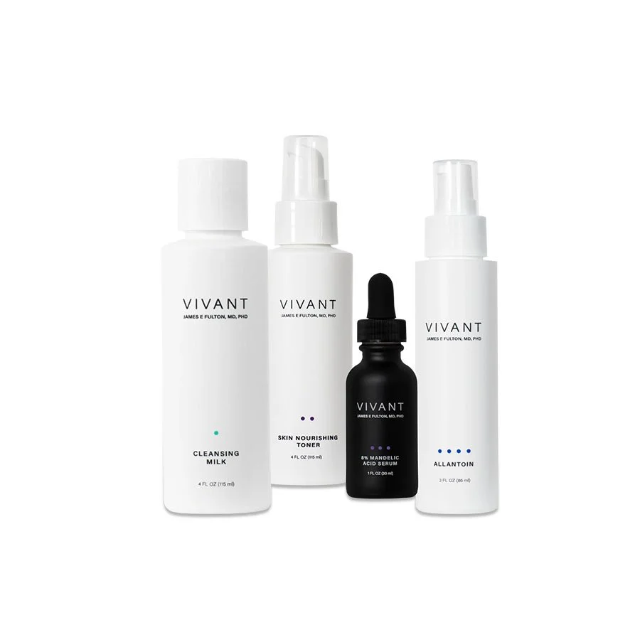 Skincare products including cleansing milk, skin nourishing toner, mandelic acid serum, and allantoin, all branded Vivant.