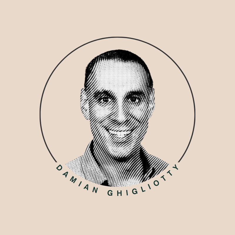 Black-and-white stylized portrait of a smiling man with short dark hair, enclosed in a circle with the name Damian Ghigliotti written underneath.