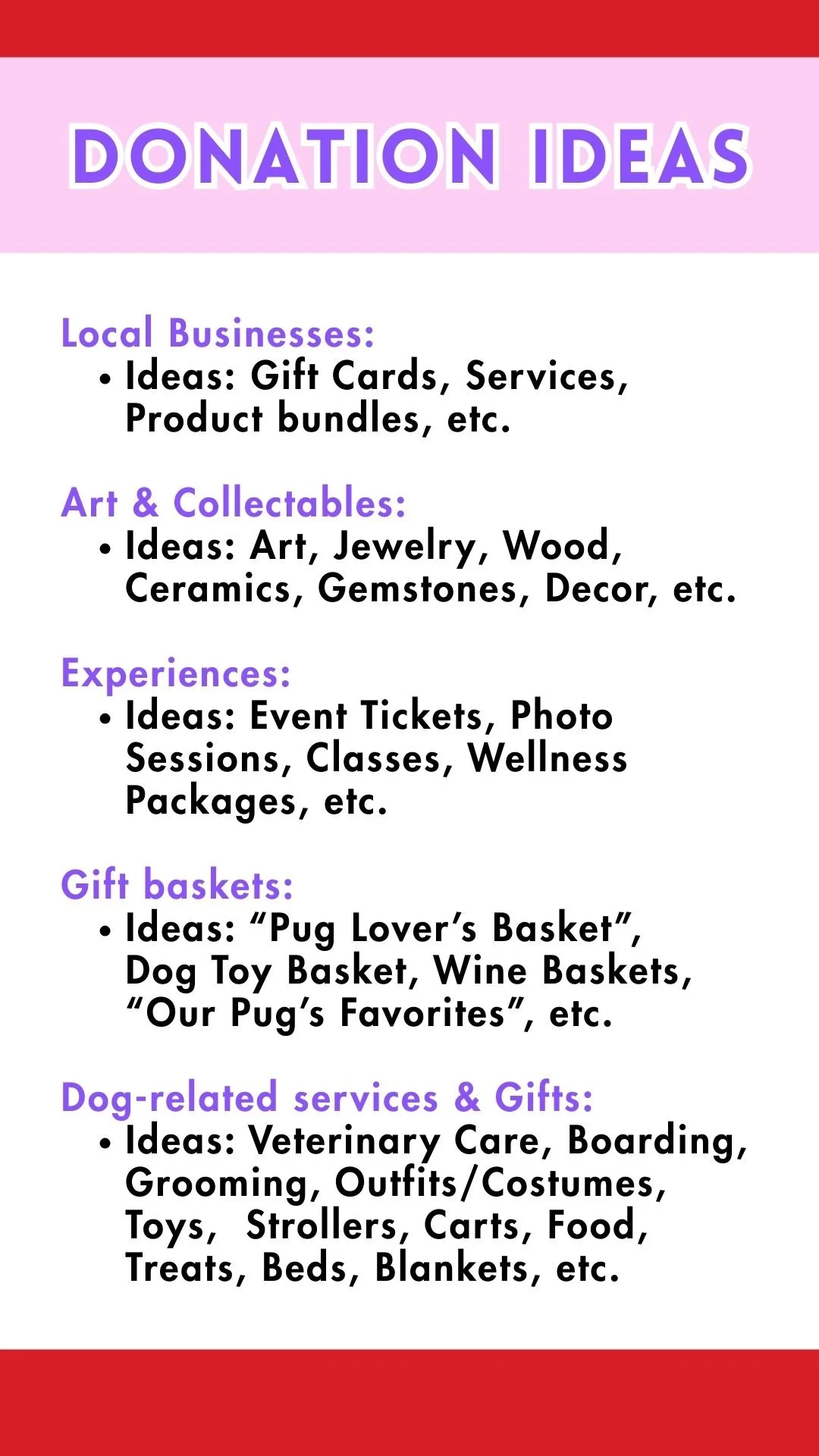 Pug Rescue of San Diego County Pugs & Kisses Auction Donation Ideas