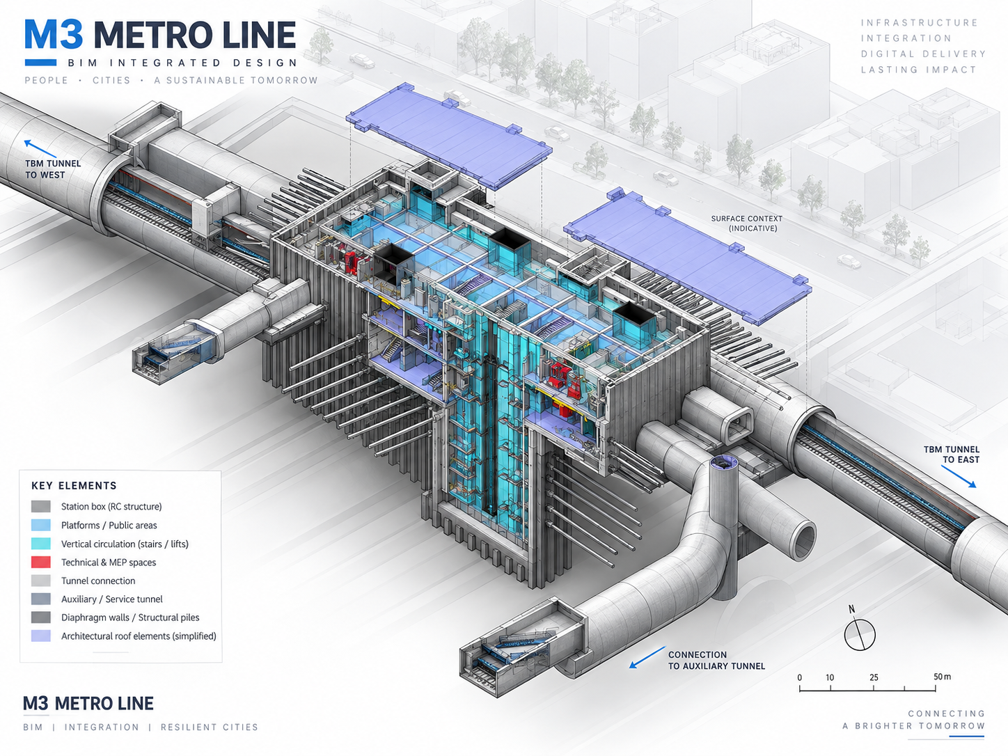 M3 Başakşehir–Kayaşehir Metro Hattı istasyonu aksonometrik BIM modeli ve tünel bağlantıları