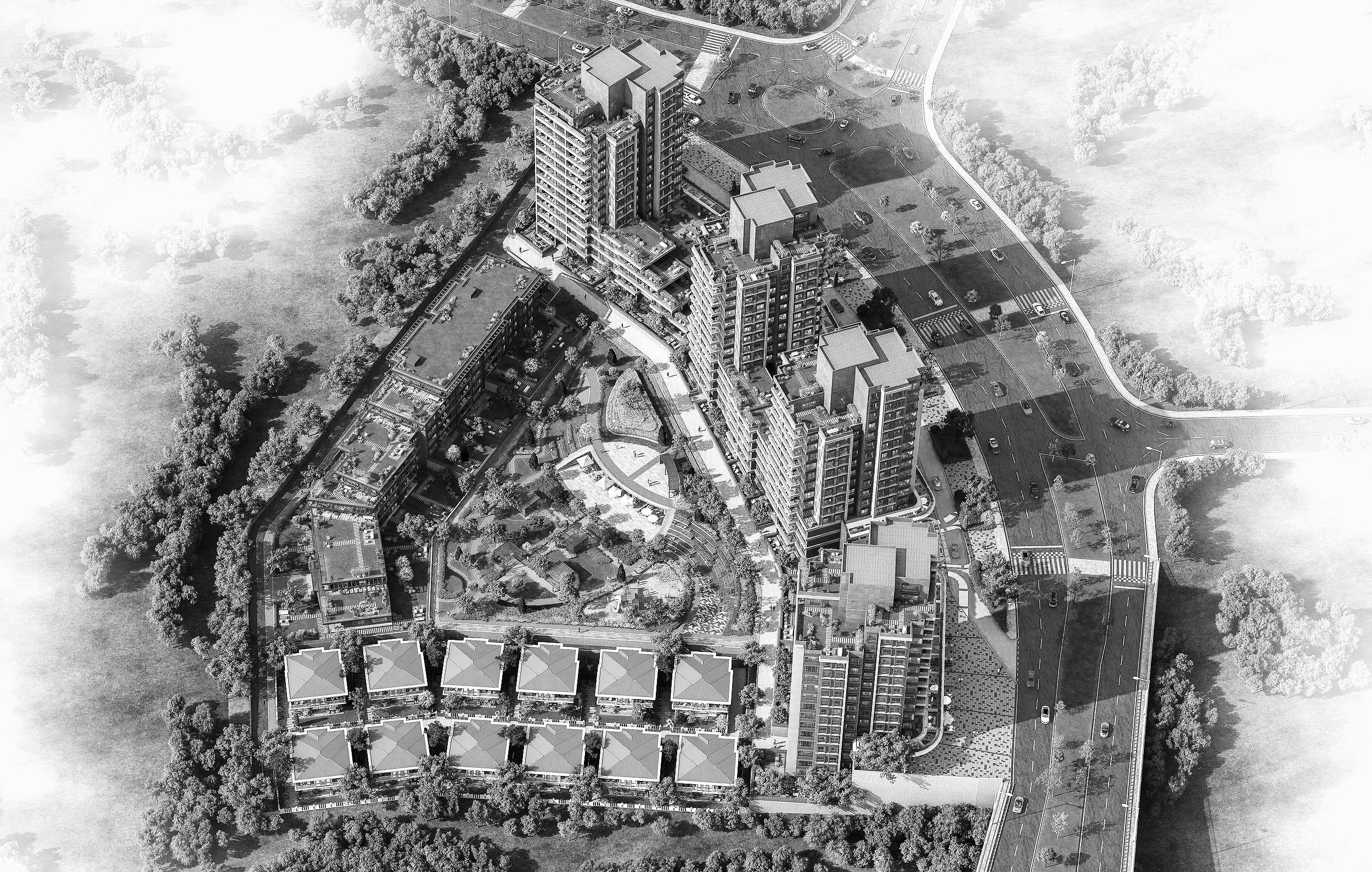 Vadi Kayaşehir Konut projesi vaziyet planı ve yerleşim kararlarının havadan görünümü