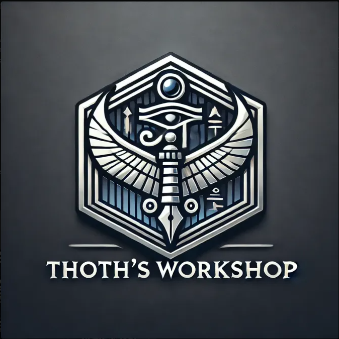 A logo for Thoth's Workshop featuring a stylized deity-like figure with wings, within a hexagonal emblem, and the text "THOTH'S WORKSHOP" below.