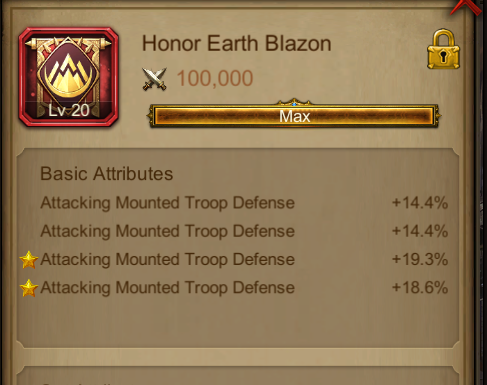 Screenshot of the Honor Earth Blazon in a game, showing level 20, max rank, with attack and defense attributes and bonuses for attacking and defending mounted troops.