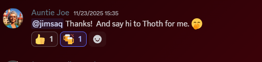 A social media comment from Auntie Joe thanking Jimsaq and saying hi to Thoth for her, accompanied by one thumbs up and one clapping hands emoji.