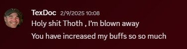 Screenshot of a chat message with a user named TexDoc showing a humorous comment about being blown away and increased buffs.