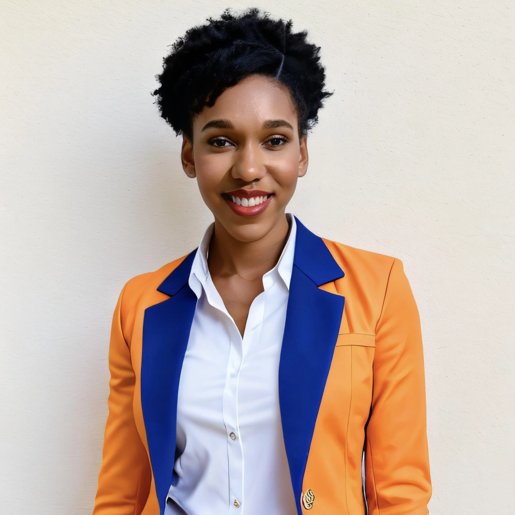 A person wearing an orange jacket with blue lapels and a white shirt, standing against a plain background.