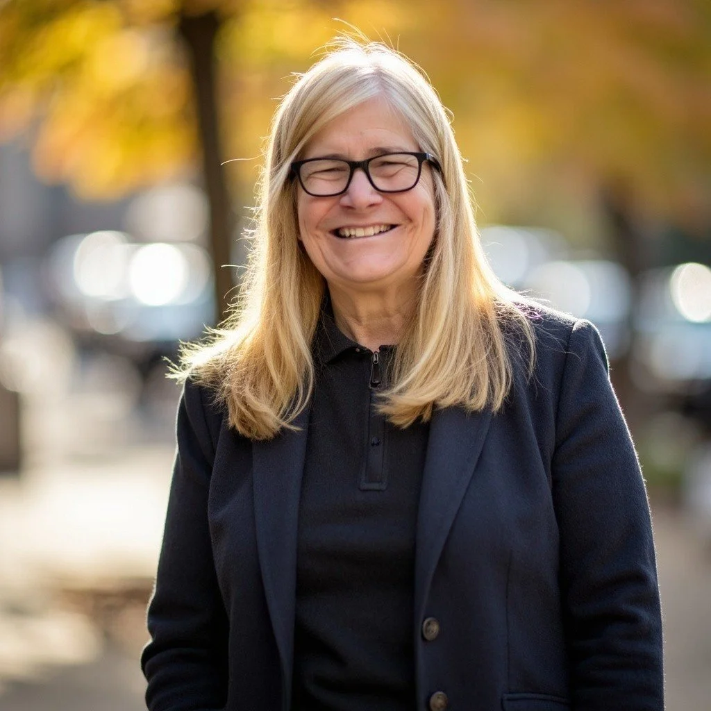 Smiling woman with long blonde hair wearing glasses and a dark jacket standing outdoors with blurred fall foliage in the background.
