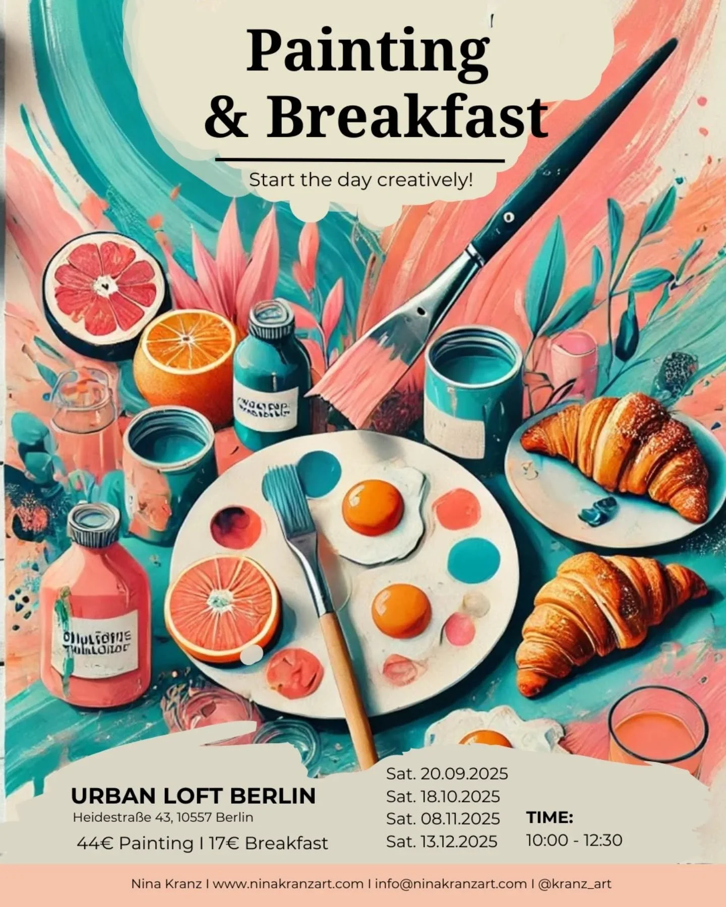 🥐 Abstrakter Malworkshop &amp; Fr&uuml;hst&uuml;ck 🎨

Starte entspannt in den Tag: erst ein leckeres Fr&uuml;hst&uuml;ck, dann malt man sein eigenes, individuelles abstraktes Bild. 

Kein Druck, einfach kreativ sein!

Wann &amp; Wo:
- 10:00 &ndash;