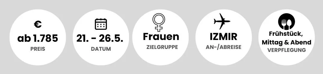 Informationsgrafik über eine Reise für Frauen nach Izmir vom 21. bis 26. Mai, ab einem Preis von 1.785 Euro, inklusive Frühstück, Mittag- und Abendessen.