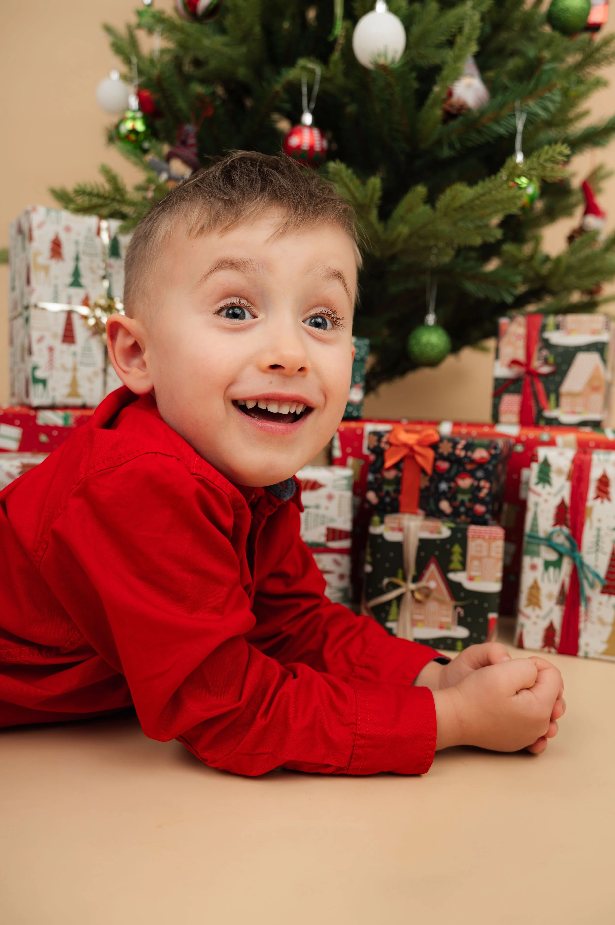 Fröhliches Weihnachtsfoto eines Kindes vor festlich verpackten Geschenken und geschmücktem Tannenbaum.
Warme Farben, echte Freude und eine ruhige Studioatmosphäre – zeitlose Weihnachtsfotografie für Kitas in Brandenburg und Sachsen, natürlich und ohn