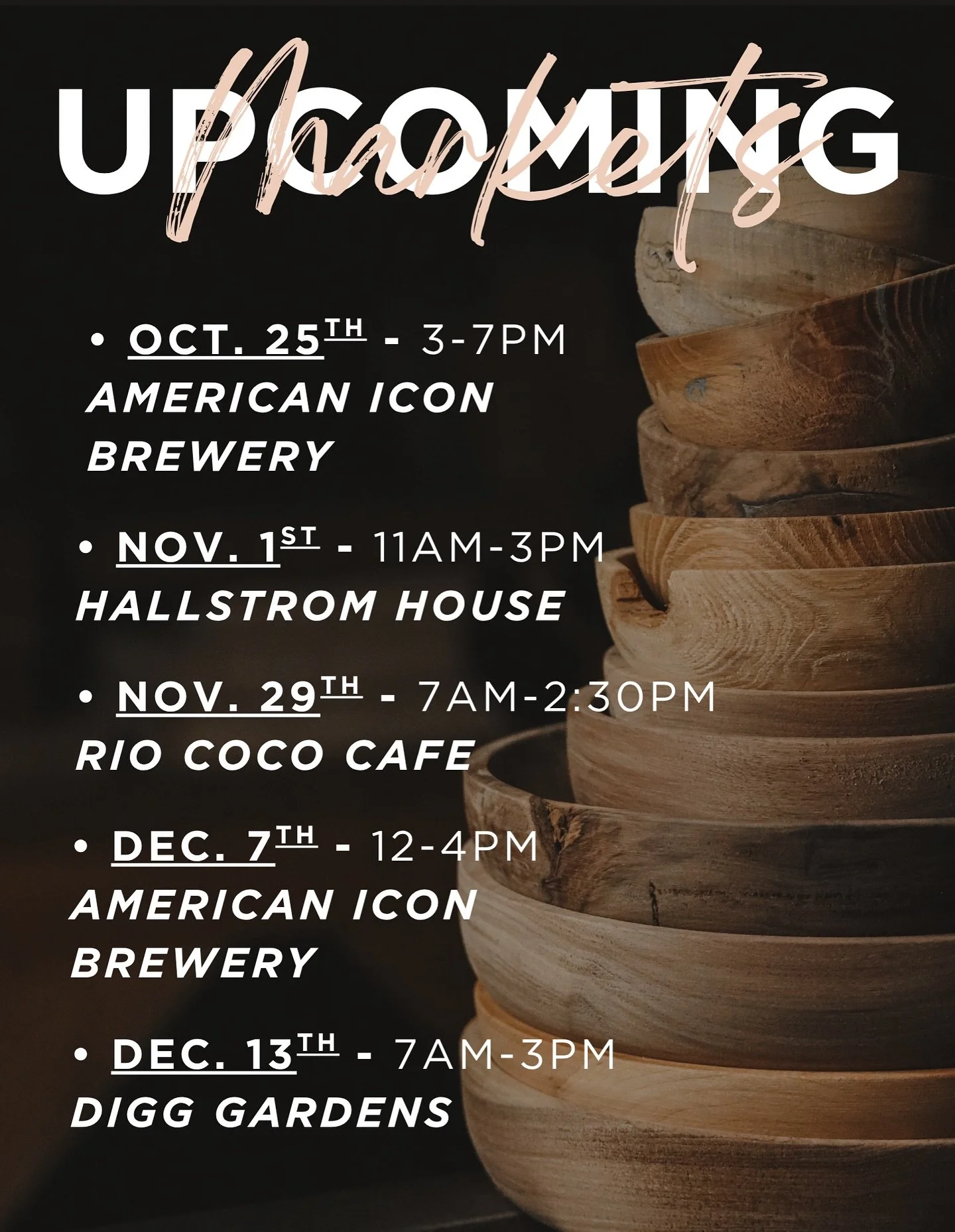 MARKET TIME!! Tis the season so here is a list of all the upcoming markets so far that we will be a part of this year starting Oct. 25th at @americaniconbrewery for their Oktoberfest!! We will update if and when anymore get added!! Come hangout and s