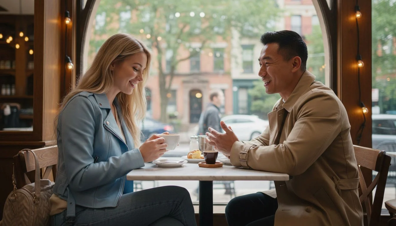 A stylish couple in a cafe wearing a blue leather jacket and tan trench coat that need Expert care for delicate fabrics.