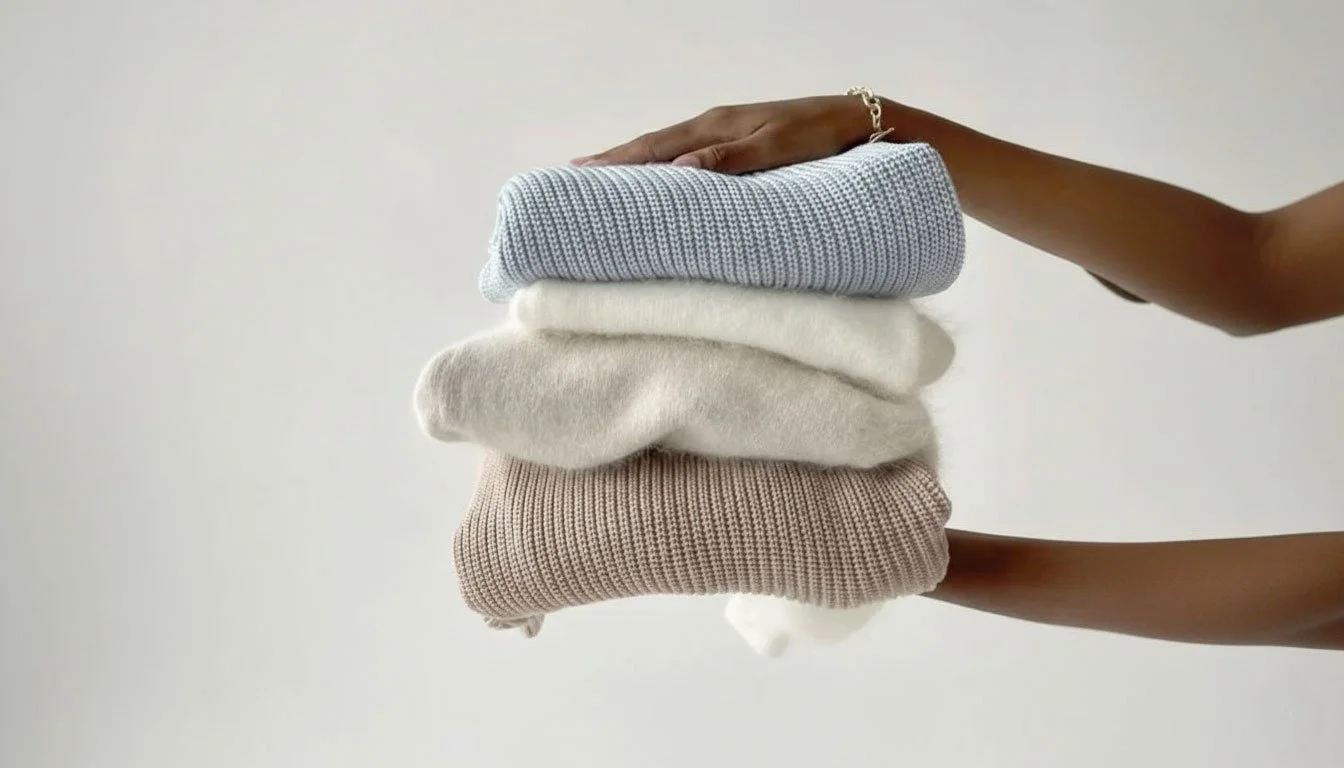 Professional wash and fold laundry service results featuring a neat stack of clean, folded sweaters in neutral tones.