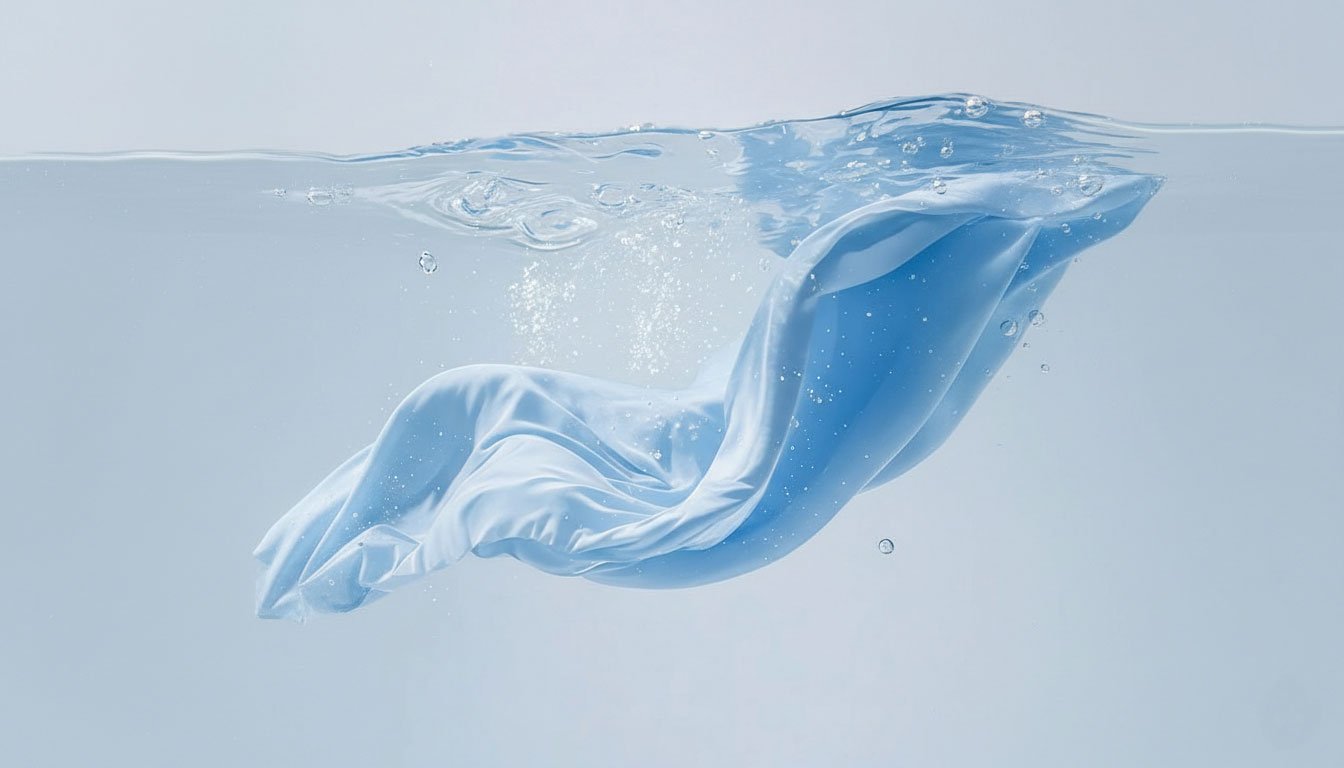 Light blue fabric submerged in clear water, highlighting effective Allergen & City Dust Removal for textiles.