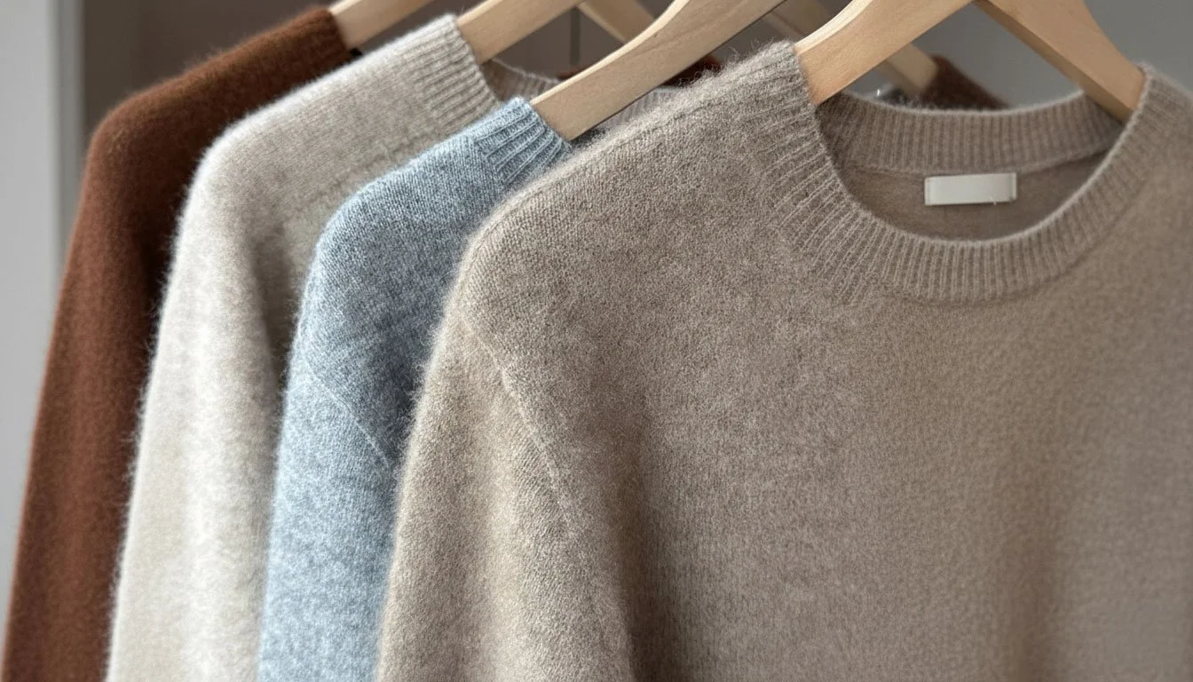 A selection of premium cashmere sweaters in neutral shades and light blue hanging on minimalist wooden hangers.