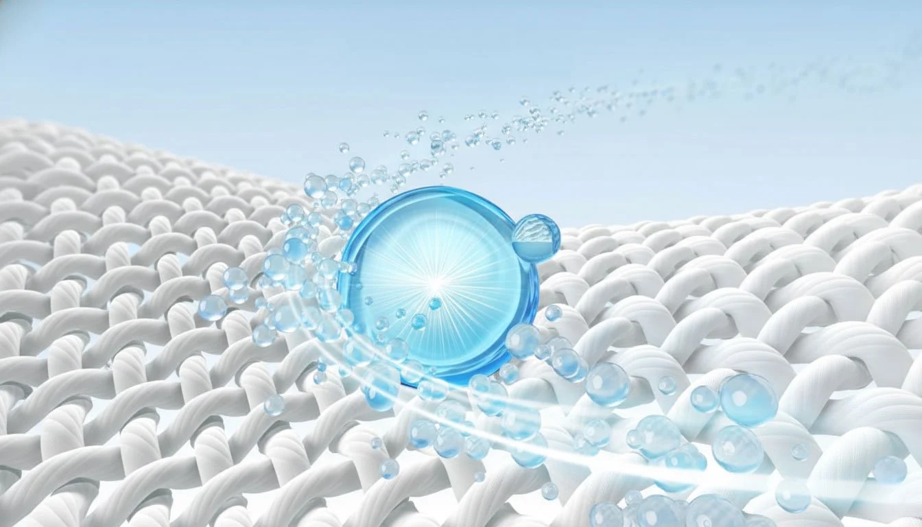 Digital rendering of cleaning bubbles on white fabric weave, demonstrating the nature of the fiber in textile care.