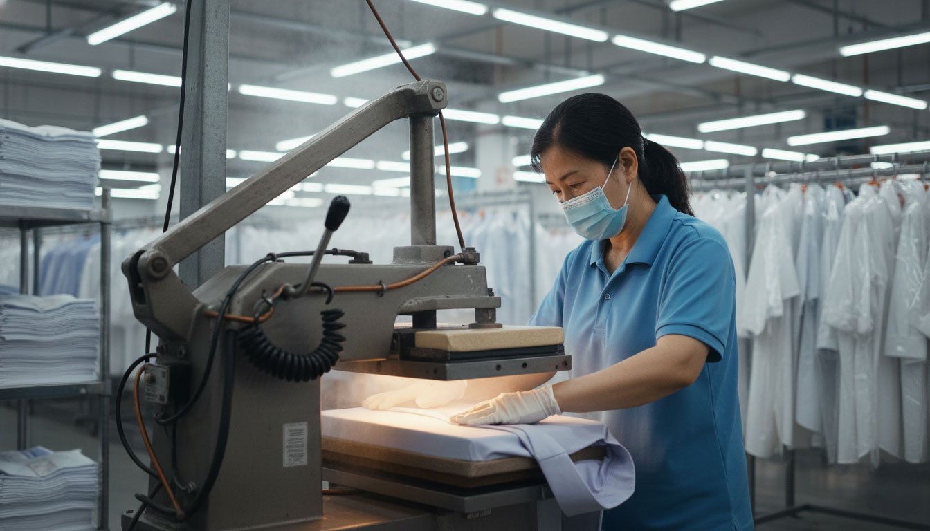 A laundry professional operates an industrial steam machine for high-quality commercial shirt pressing in a factory.