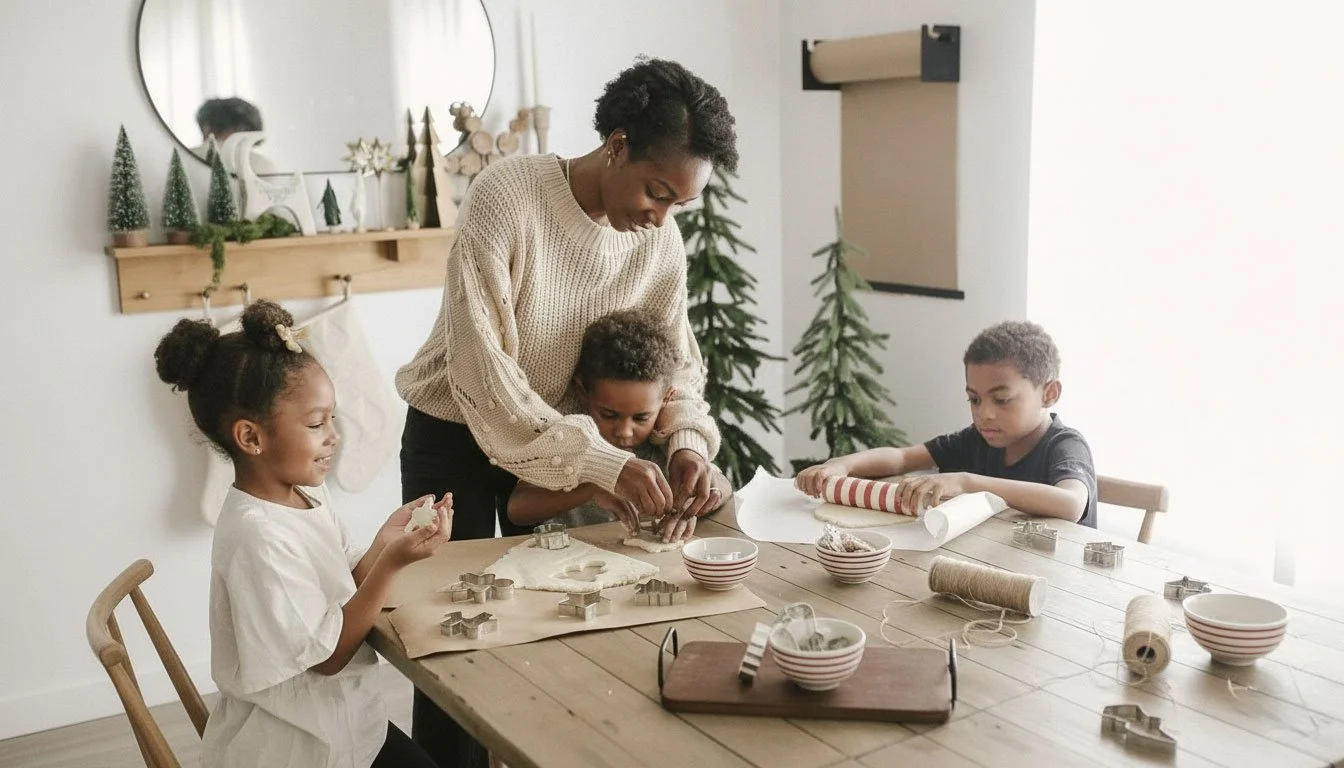 A family bakes in a spotless, decorated home, showcasing the tidy results of The "Sanctuary" Cleaning services.