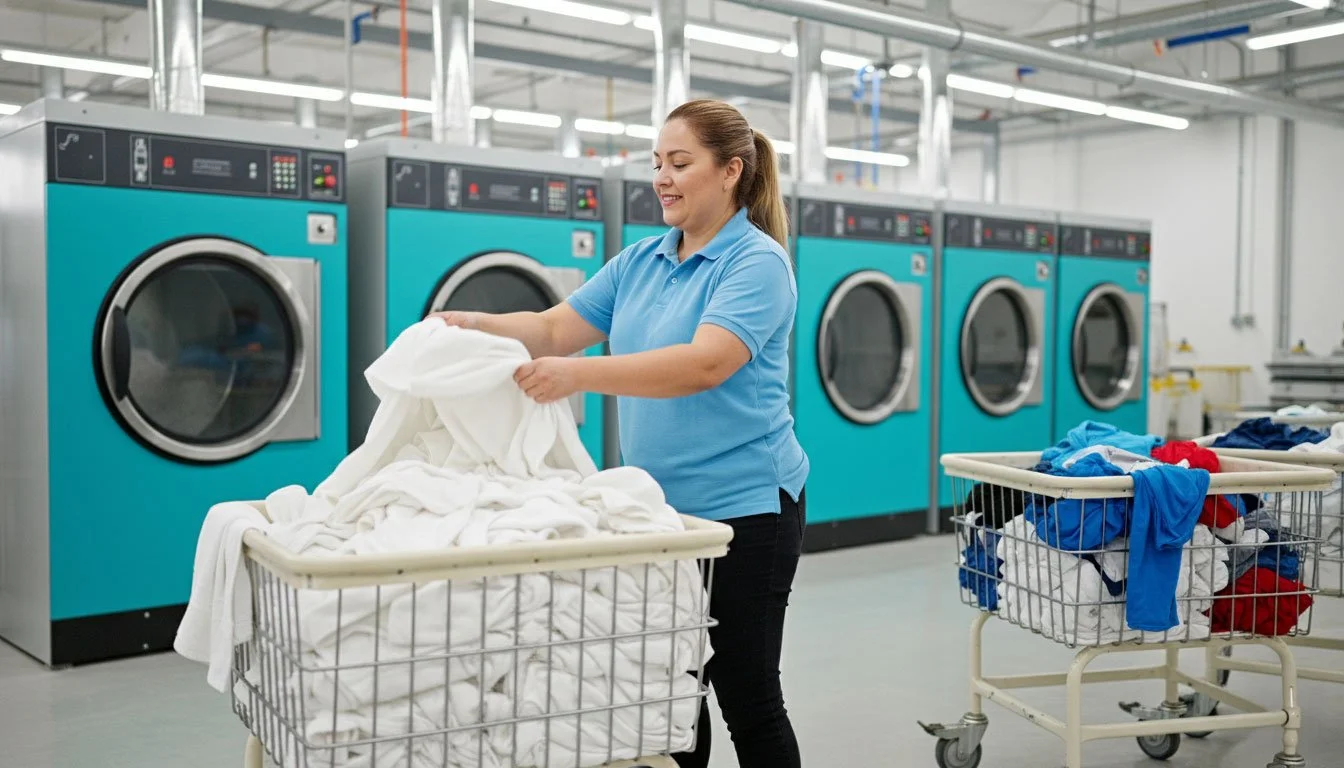 Laundry professional handling linens for household item cleaning in a facility with industrial washing machines.